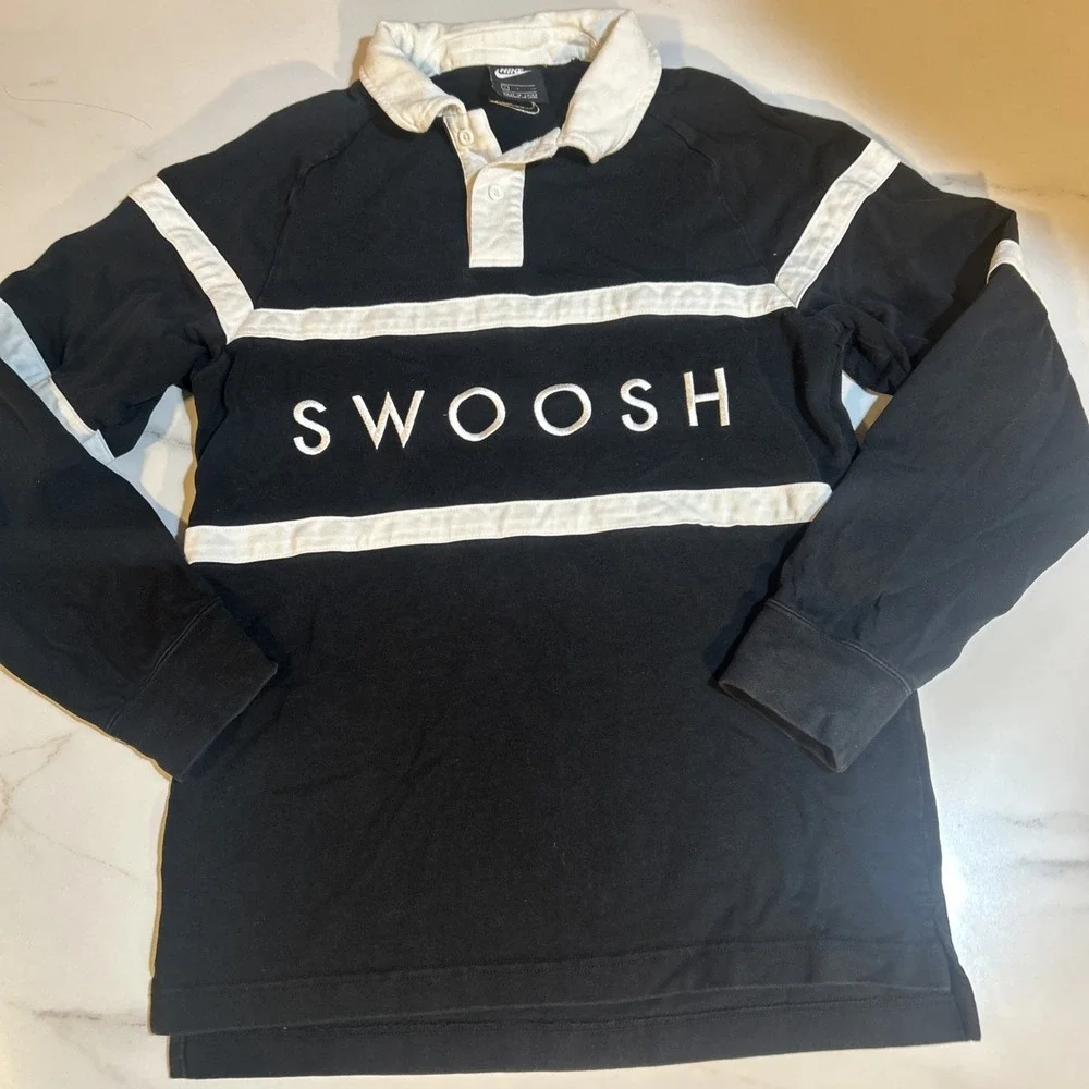 Nike‎ Swoosh Long Sleeve Button Front Rugby Shirt Men's Small Black